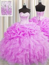 Pick Ups Visible Boning Ball Gowns 15th Birthday Dress Lilac Sweetheart Organza Sleeveless Floor Length Lace Up