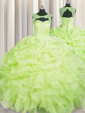 Colorful Yellow Green Organza Lace Up Scoop Sleeveless Floor Length 15 Quinceanera Dress Beading and Pick Ups