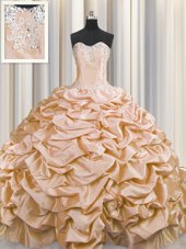 Extravagant Brush Train Peach Sweetheart Neckline Beading and Pick Ups Sweet 16 Dress Sleeveless Lace Up
