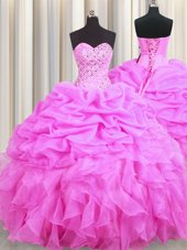 Custom Designed Rose Pink Lace Up Sweetheart Beading and Ruffles and Pick Ups Quinceanera Dresses Organza Sleeveless