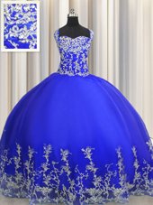 Halter Top Floor Length Lace Up Sweet 16 Dress Royal Blue and In for Military Ball and Sweet 16 and Quinceanera with Beading and Appliques
