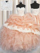 Pick Ups Floor Length Peach Quinceanera Dresses Sweetheart Sleeveless Lace Up