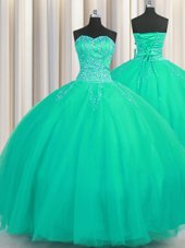 Glorious Really Puffy Turquoise Quince Ball Gowns Military Ball and Sweet 16 and Quinceanera and For with Beading Sweetheart Sleeveless Lace Up