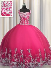 Excellent Hot Pink Sleeveless Tulle Lace Up Quinceanera Gown for Military Ball and Sweet 16 and Quinceanera