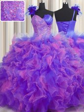 Fitting One Shoulder Handcrafted Flower Floor Length Ball Gowns Sleeveless Multi-color Quinceanera Gowns Lace Up