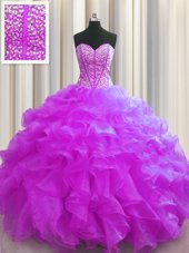 Multi-color Ball Gowns Sweetheart Sleeveless Organza Floor Length Lace Up Beading and Ruffles and Ruffled Layers and Sequins Quince Ball Gowns