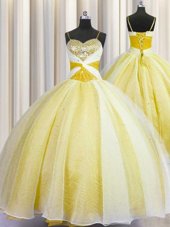 Designer Sequins Visible Boning Sweetheart Sleeveless Lace Up Quinceanera Gowns Yellow Organza and Sequined