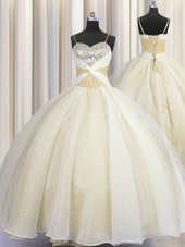 Champagne Ball Gowns Spaghetti Straps Sleeveless Organza Floor Length Lace Up Beading and Ruching Quinceanera Dresses