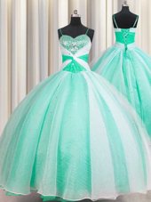 Eye-catching Spaghetti Straps Floor Length Apple Green Quince Ball Gowns Organza Sleeveless Beading and Ruching