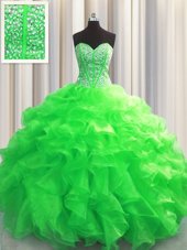 Glittering Visible Boning Green Sweet 16 Dress Military Ball and Sweet 16 and Quinceanera and For with Beading and Ruffles Sweetheart Sleeveless Lace Up