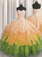 Sweetheart Sleeveless Organza Sweet 16 Dresses Beading and Ruffles and Ruffled Layers and Sequins Lace Up