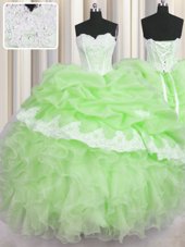 Glamorous Organza Sweetheart Sleeveless Lace Up Beading and Ruffles and Pick Ups 15th Birthday Dress in Green