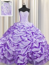 High Class Brush Train Sweetheart Sleeveless Vestidos de Quinceanera With Train Sweep Train Beading and Pick Ups Lavender Taffeta