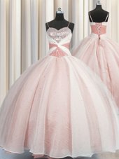 Perfect Spaghetti Straps Sleeveless Lace Up Floor Length Beading Sweet 16 Dress