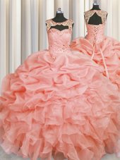 Baby Pink Ball Gowns Scoop Sleeveless Organza Floor Length Lace Up Beading and Pick Ups Sweet 16 Dress