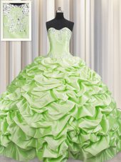 Decent Visible Boning Beading and Ruffles and Pick Ups 15 Quinceanera Dress Green Lace Up Sleeveless Floor Length