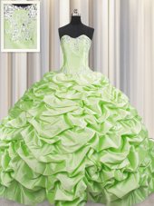 Adorable Visible Boning Organza Sweetheart Sleeveless Zipper Beading and Ruffles Quinceanera Gowns in Apple Green