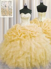 Visible Boning Gold Sleeveless Organza Lace Up Quinceanera Gown for Military Ball and Sweet 16 and Quinceanera