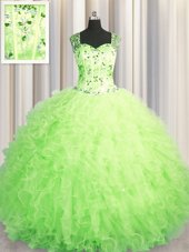 See Through Zipper Up Green Sleeveless Tulle Zipper Quinceanera Gown for Military Ball and Sweet 16 and Quinceanera