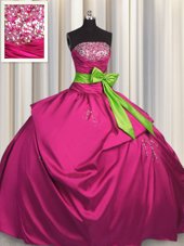 Fuchsia Strapless Neckline Beading and Ruching and Bowknot Sweet 16 Quinceanera Dress Sleeveless Lace Up