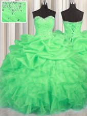 Green Sweet 16 Dress Military Ball and Sweet 16 and Quinceanera and For with Beading and Ruffles and Ruching and Pick Ups Sweetheart Sleeveless Lace Up