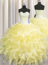 Fancy Visible Boning Zipper Up Light Yellow Quince Ball Gowns Military Ball and Sweet 16 and Quinceanera and For with Beading and Ruffles Sweetheart Sleeveless Zipper