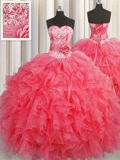 Dazzling Handcrafted Flower Sleeveless Ruffles and Hand Made Flower Lace Up Sweet 16 Quinceanera Dress
