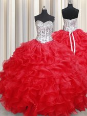Popular Red Sweetheart Neckline Beading and Ruffles Vestidos de Quinceanera Sleeveless Lace Up