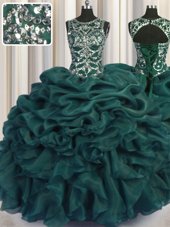 On Sale Scoop See Through Floor Length Lace Up Quince Ball Gowns Teal and In for Military Ball and Sweet 16 and Quinceanera with Beading and Sequins and Pick Ups