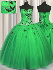 Beauteous Green Sleeveless Floor Length Beading and Appliques Lace Up Vestidos de Quinceanera