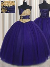 Ideal Royal Blue Sleeveless Tulle Lace Up 15 Quinceanera Dress for Military Ball and Sweet 16 and Quinceanera