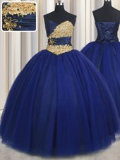 Clearance Sweetheart Sleeveless 15th Birthday Dress Floor Length Beading and Appliques Navy Blue Tulle