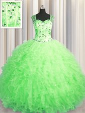 See Through Zipper Up Ball Gowns Beading and Ruffles Sweet 16 Dresses Zipper Tulle Sleeveless Floor Length