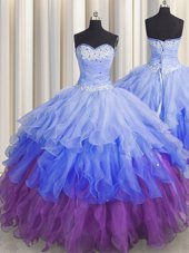 Stylish Multi-color Zipper Sweetheart Beading and Ruffles and Ruffled Layers and Sequins Sweet 16 Quinceanera Dress Organza Sleeveless