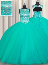 Exceptional Scoop Sleeveless Lace Up Floor Length Appliques 15th Birthday Dress