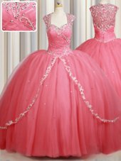 Admirable Watermelon Red Sweet 16 Dresses Straps Cap Sleeves Sweep Train Zipper