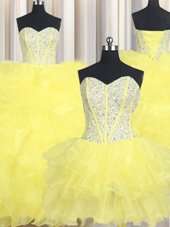 Glittering Three Piece Sweetheart Sleeveless Quinceanera Gowns Floor Length Beading and Ruffles Yellow Organza