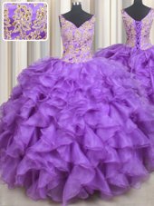 Floor Length Lace Up Sweet 16 Quinceanera Dress Purple and In for Military Ball and Sweet 16 and Quinceanera with Beading and Appliques and Ruffles