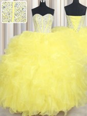 Fantastic Floor Length Lace Up Quinceanera Gown Yellow and In for Military Ball and Sweet 16 and Quinceanera with Beading and Ruffles