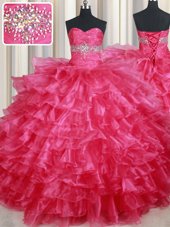 Ruffled Sweetheart Sleeveless Lace Up Quinceanera Gown Coral Red Organza