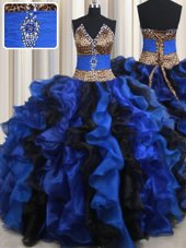 Decent Beading and Ruffles Quinceanera Dresses Blue And Black Lace Up Sleeveless Floor Length