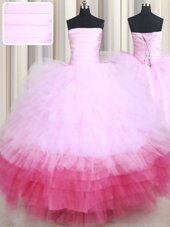Tulle Strapless Sleeveless Lace Up Ruffled Layers Ball Gown Prom Dress in Multi-color