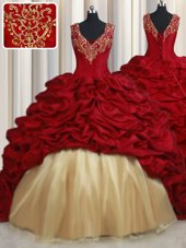 Cheap Beading and Appliques and Pick Ups Ball Gown Prom Dress Red Lace Up Sleeveless Sweep Train