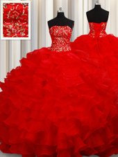 Delicate Red Ball Gowns Strapless Sleeveless Organza Floor Length Lace Up Beading and Embroidery and Ruffles Sweet 16 Dress
