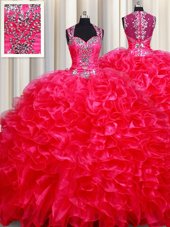 Straps Straps Red Ball Gowns Beading and Ruffles Ball Gown Prom Dress Zipper Organza Sleeveless Floor Length