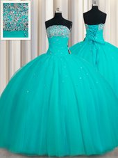 Tulle Sleeveless Floor Length 15 Quinceanera Dress and Beading and Sequins