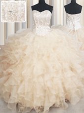 Champagne Sleeveless Floor Length Beading and Ruffles Lace Up 15 Quinceanera Dress