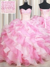 Glittering Floor Length Pink And White Sweet 16 Quinceanera Dress Organza Sleeveless Beading and Ruffles