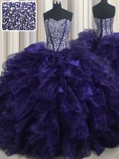 Stylish Sleeveless With Train Beading and Ruffles Lace Up Quince Ball Gowns with Purple Brush Train