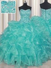 Turquoise Organza Lace Up Sweetheart Sleeveless Floor Length Sweet 16 Dress Beading and Ruffles